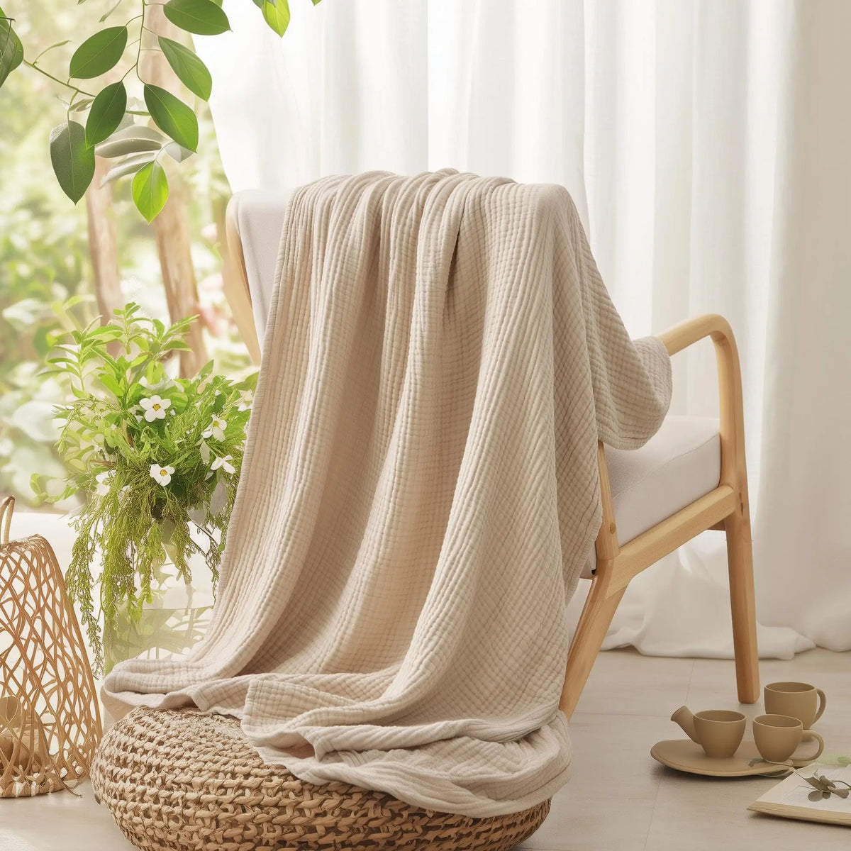 Cotton Muslin Throw Blanket 6-Layer Breathable Lightweight All-Season Comfort for Bed Couch Sofa Living Room Bedroom | Lonoma