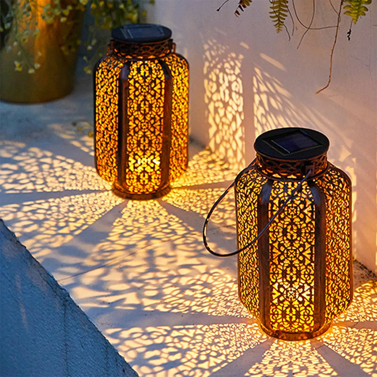 Solar Lantern, Copper-Tone Iron with Oriental Cutout Design, 9.25 in Outdoor Hanging Light for Garden, Patio & Balcony Decor | Lonoma