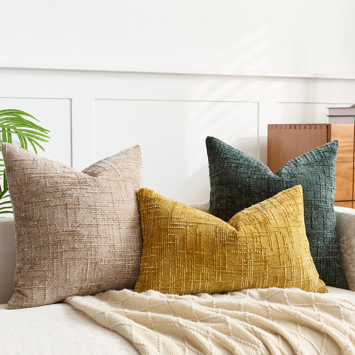 Chenille Throw Pillow Cover 18x18 Inch, Solid Bamboo Texture Decorative Cushion Case for Couch, Sofa, Bed and Bedroom Decor | Lonoma