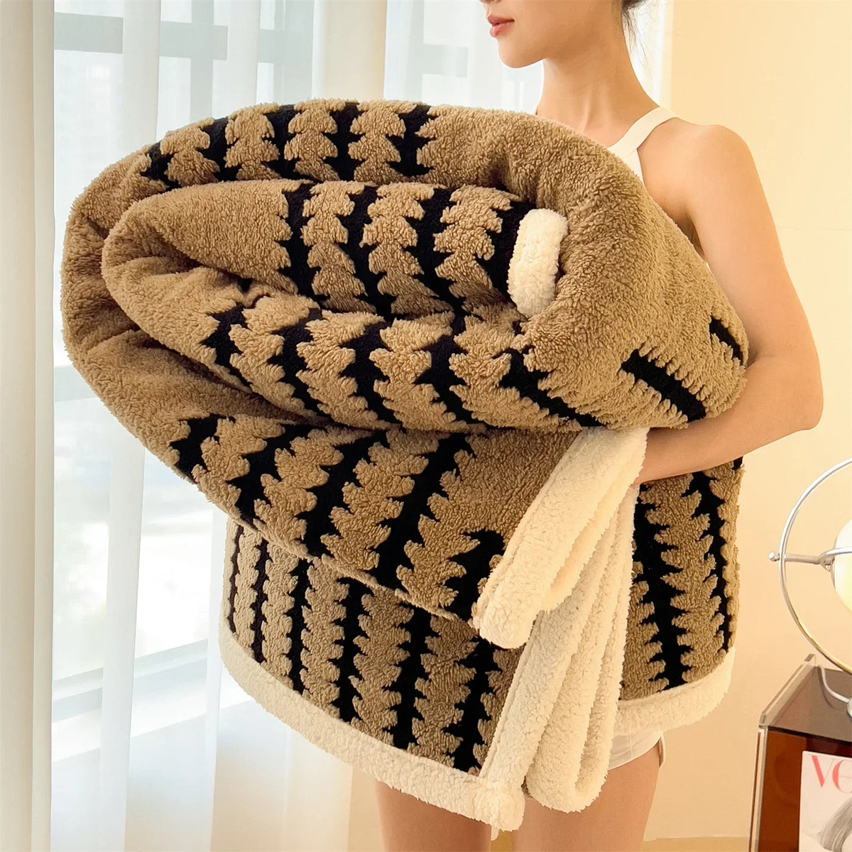 Geometric Striped Fleece Throw Blanket Reversible Sherpa Ultra Plush Cozy Winter Soft Warm 100% Polyester for Bed Couch Living Room Bedroom | Lonoma