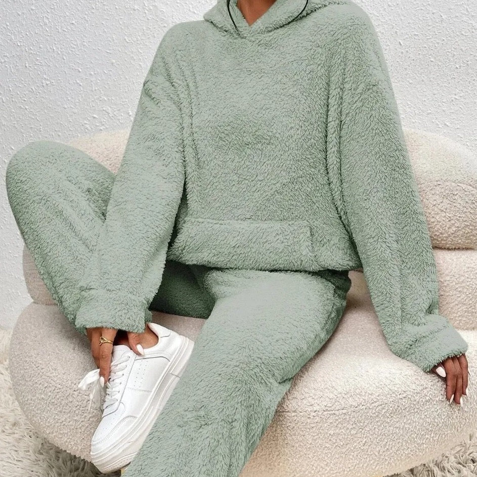 Hooded Fleece Lounge Set Women's Two-Piece Teddy Sweatsuit with Kangaroo Pocket for Winter Cozy Homewear Soft Plush Tracksuit | Lonoma