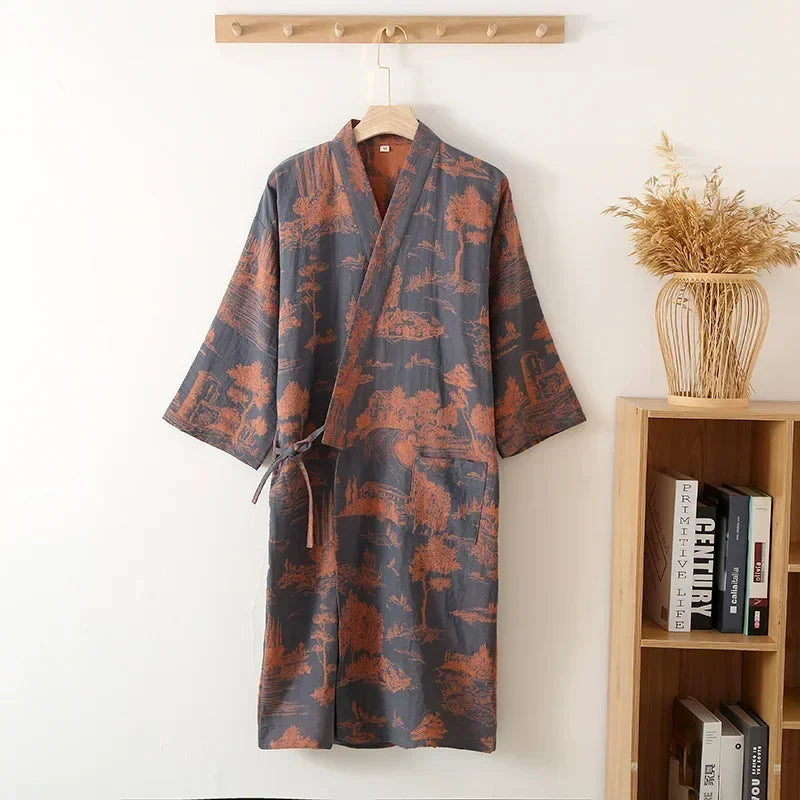 Men's Cotton Kimono Robe Blue Green Printed Long Lightweight Bathrobe V-Neck Spa Wrap for Spring Summer Fall Loungewear Sleepwear | Lonoma