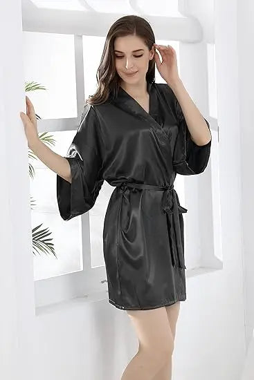 Women's Satin Kimono Robe Lightweight Loungewear Short Sleeve Knee Length Sleepwear for Bridal Party Getting Ready Spa | Lonoma