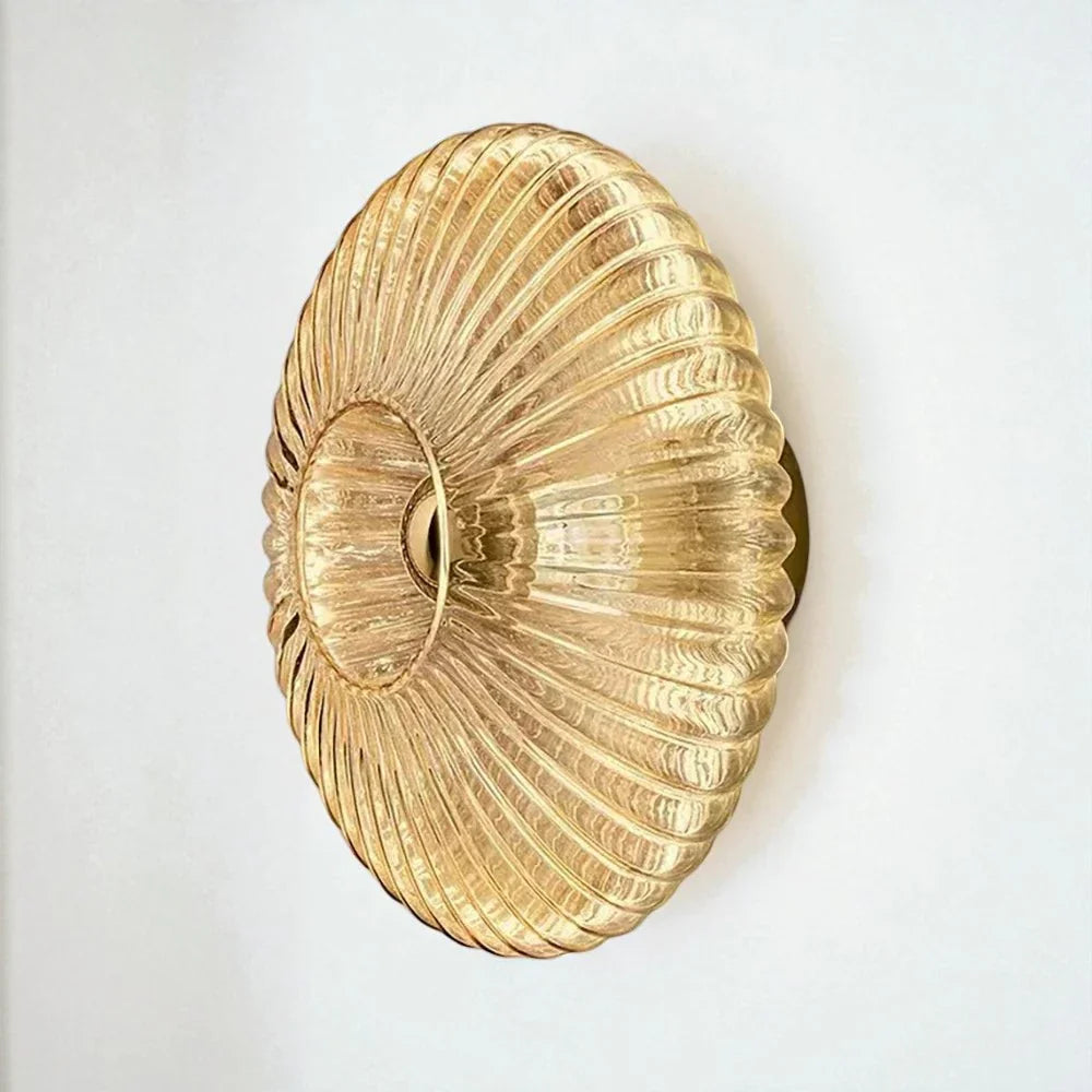 Ribbed Glass Shell Wall Sconce, Gold-Tone Metal Wall Light for Living Room, Bedroom, Hallway & Bedside, Art Deco Vintage Decor | Lonoma