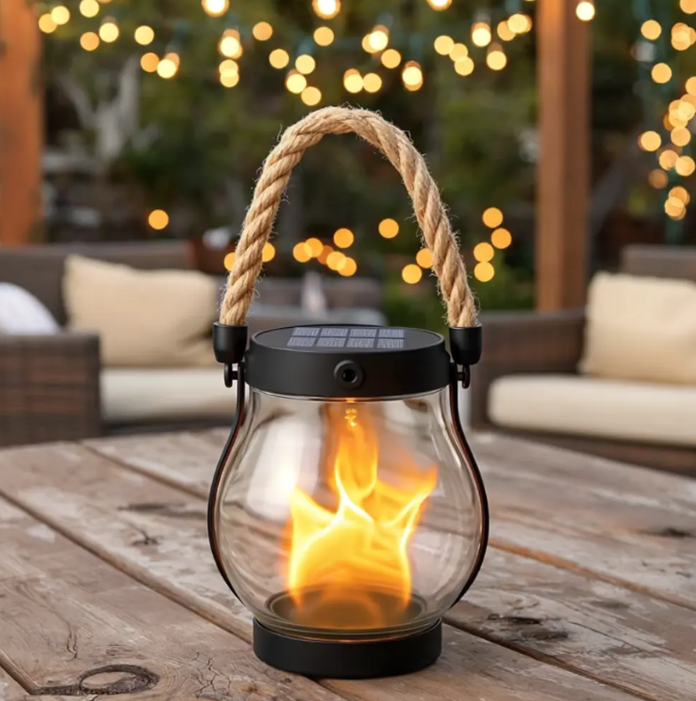 Solar Lantern with Flame Effect, 22 LED Hanging Outdoor Light, Waterproof Hemp Rope Handle for Patio, Garden, Balcony & Deck | Lonoma