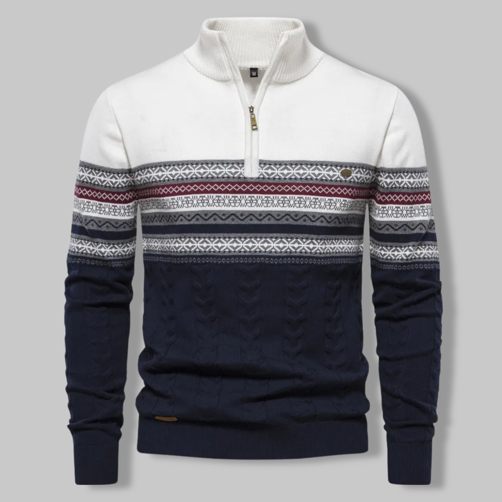 Men's Quarter-Zip Pullover Sweater with Nordic Pattern and Cable Knit – Cozy Stand Collar for Fall and Winter | Lonoma