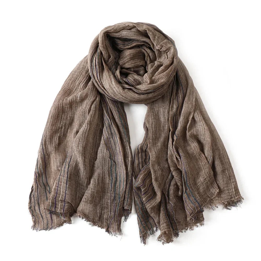 Cotton Linen Striped Scarf with Fringe for Fall Winter | Lightweight Unisex Shawl Wrap | Breathable Neck Scarf 79x30 in | Men Women Fashion | Lonoma