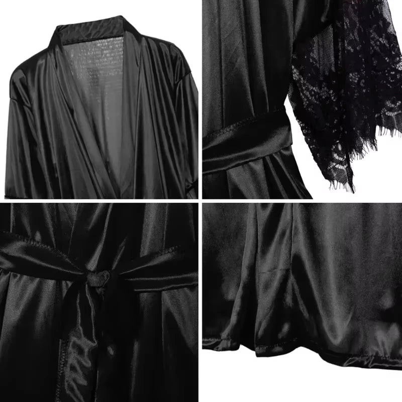 Satin Sleepwear Set with Floral Lace Trim for Women | Elegant Lounge Robe Nightgown Lingerie Sleep Dress Intimate Apparel for Bedroom | Lonoma