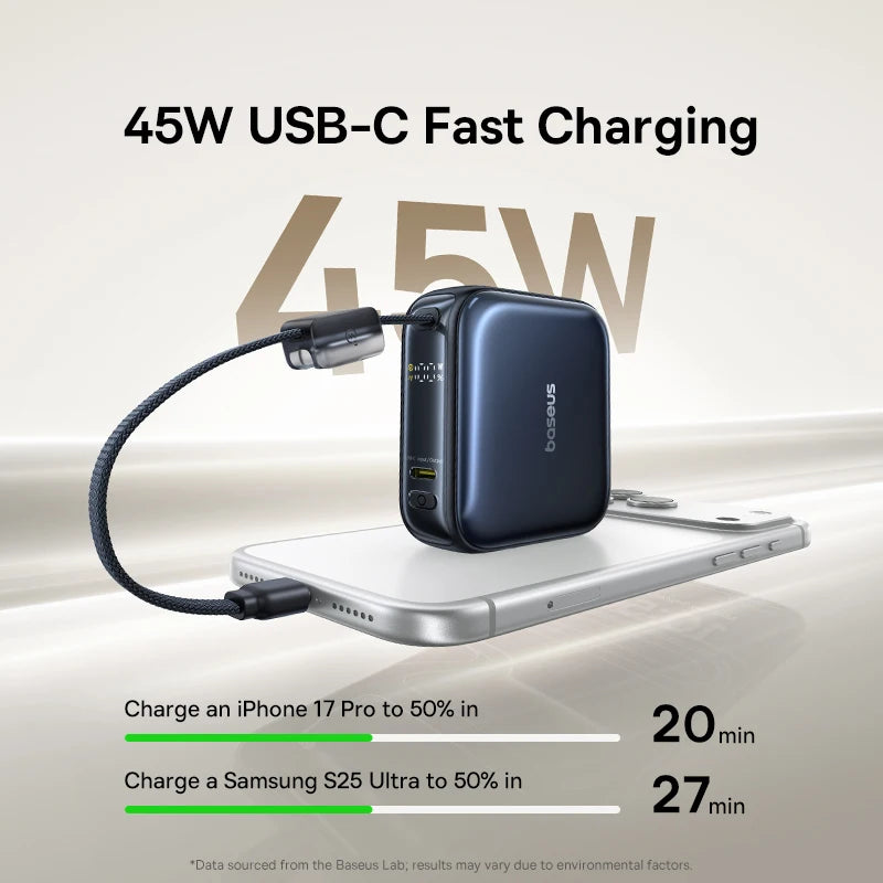 Portable Power Bank 10000mAh 45W Fast Charging with Built-In USB-C Cable Ultra Compact Pocket-Size External Battery Pack for iPhone Samsung | Lonoma