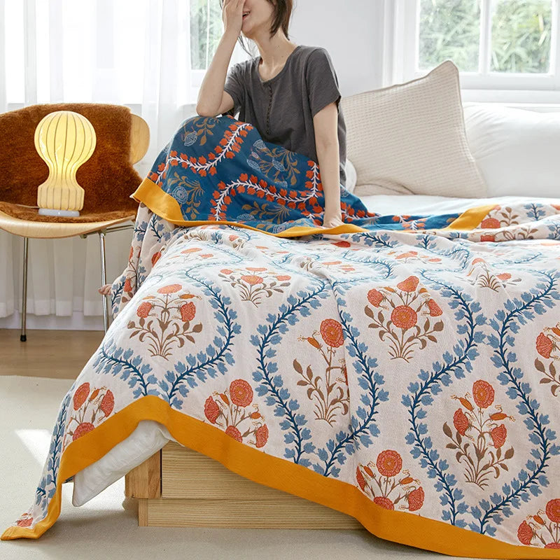 Lightweight Cotton Gauze Blanket Floral King Size Breathable Summer Coverlet for Bed Sofa Throw All-Season | Lonoma