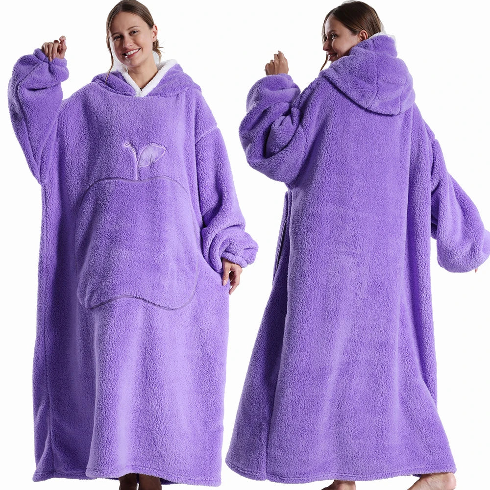 Oversized Hooded Blanket with Sleeves 55 in Sherpa Fleece Wearable Throw for Adults Women Men Cozy Loungewear for Couch | Lonoma