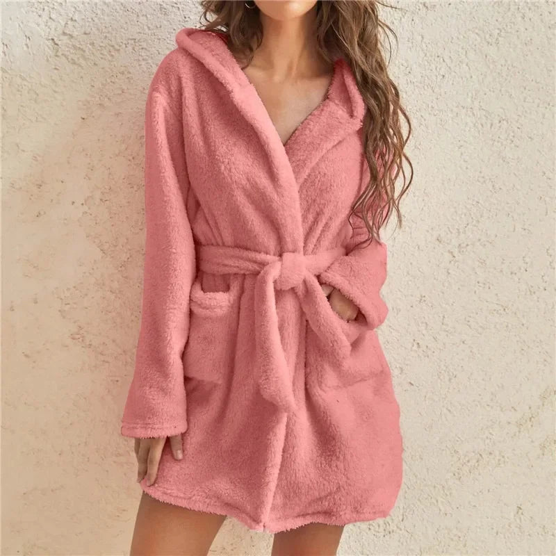 Women's Hooded Bathrobe with Belt Cotton Terry Cloth Robe Long Sleeve Spa Lounge Wear Absorbent Towel Robe for Shower | Lonoma