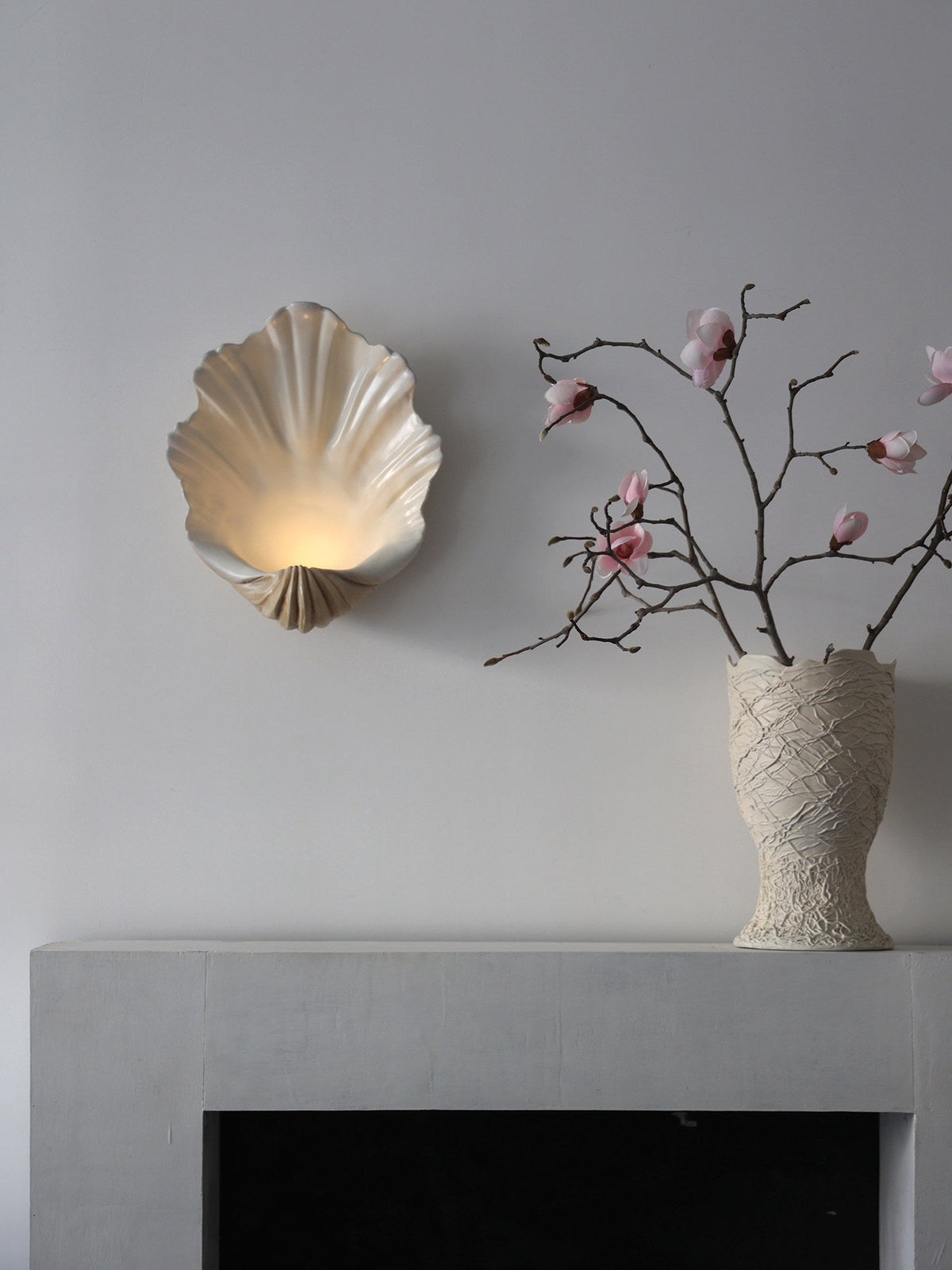 Coastal Seashell Wall Light with Wood Base — Cream Resin Sconce for Bedroom, Living Room, Hallway — Hardwired or Battery Operated Accent | Lonoma