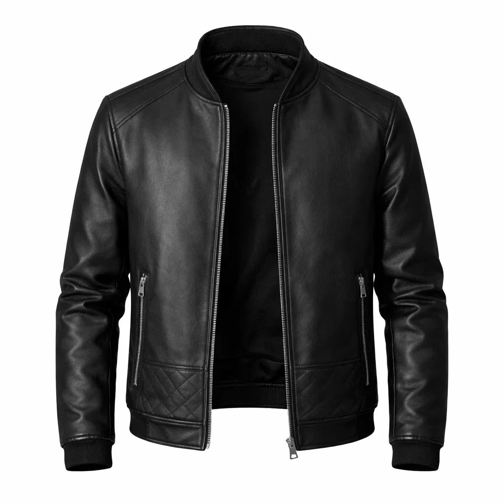 Men's Genuine Leather Bomber Jacket with Ribbed Collar and Zipper Pockets for Smart Casual Wear | Lonoma