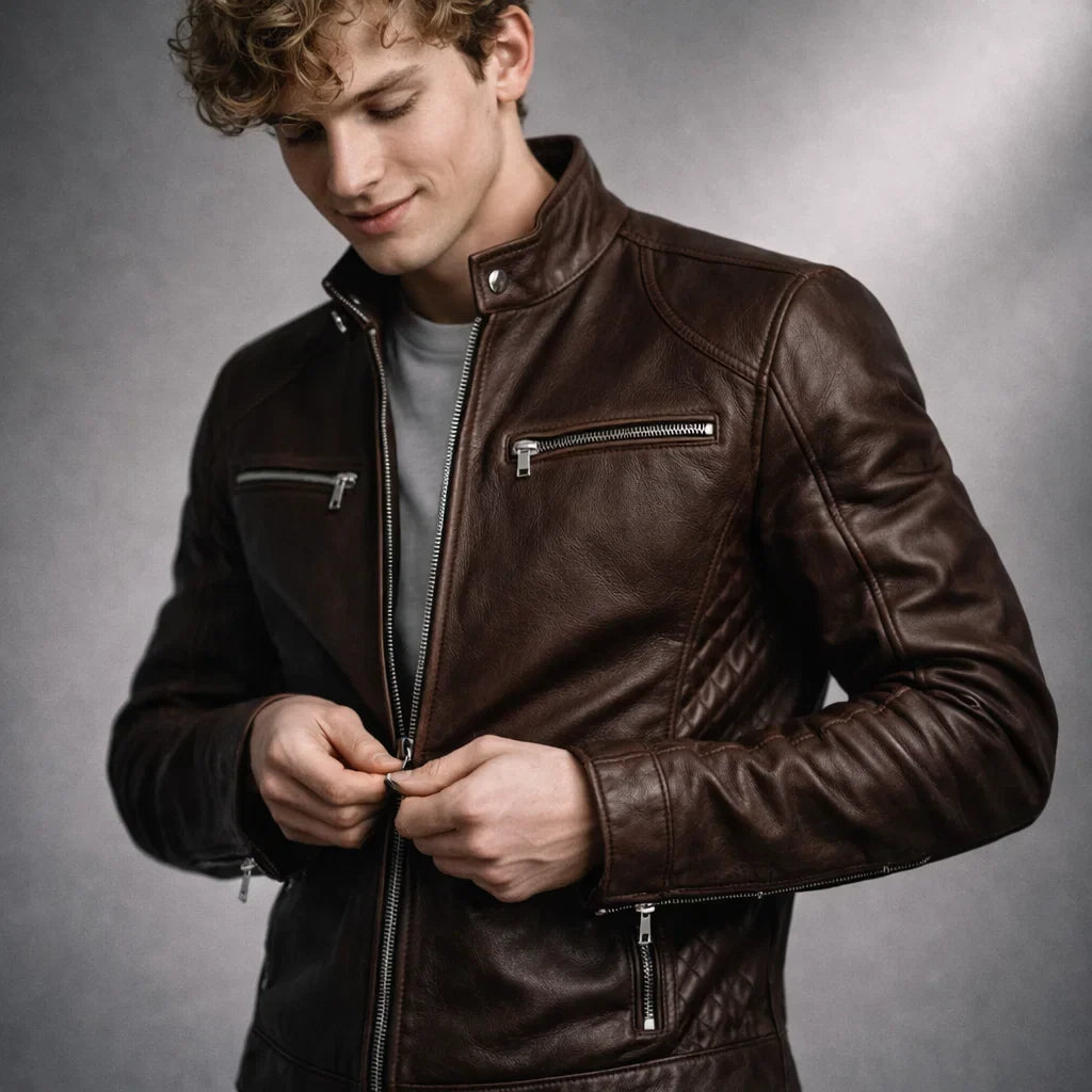 Men's Genuine Leather Motorcycle Jacket with Stand-Up Collar, Zip Chest Pockets, and Snap Closure for Casual Rides and Urban Wear | Lonoma
