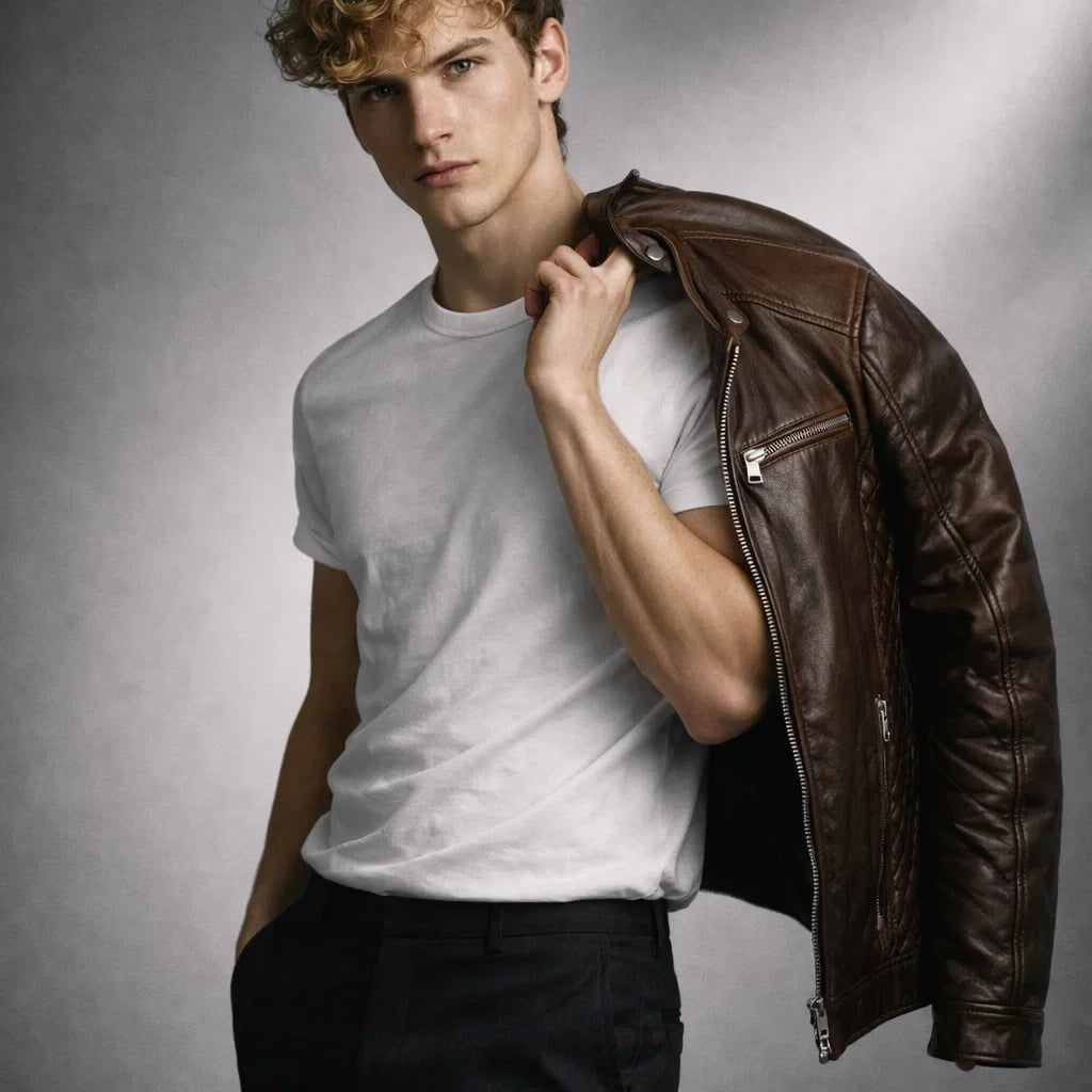 Men's Genuine Leather Motorcycle Jacket with Stand-Up Collar, Zip Chest Pockets, and Snap Closure for Casual Rides and Urban Wear | Lonoma