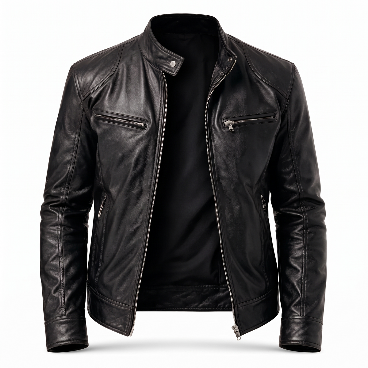Men's Genuine Leather Motorcycle Jacket with Stand-Up Collar, Zip Chest Pockets, and Snap Closure for Casual Rides and Urban Wear | Lonoma
