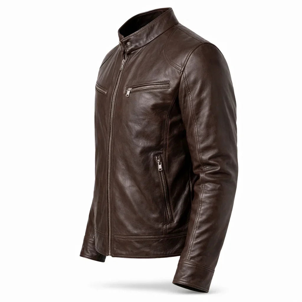 Men's Genuine Leather Motorcycle Jacket with Stand-Up Collar, Zip Chest Pockets, and Snap Closure for Casual Rides and Urban Wear | Lonoma