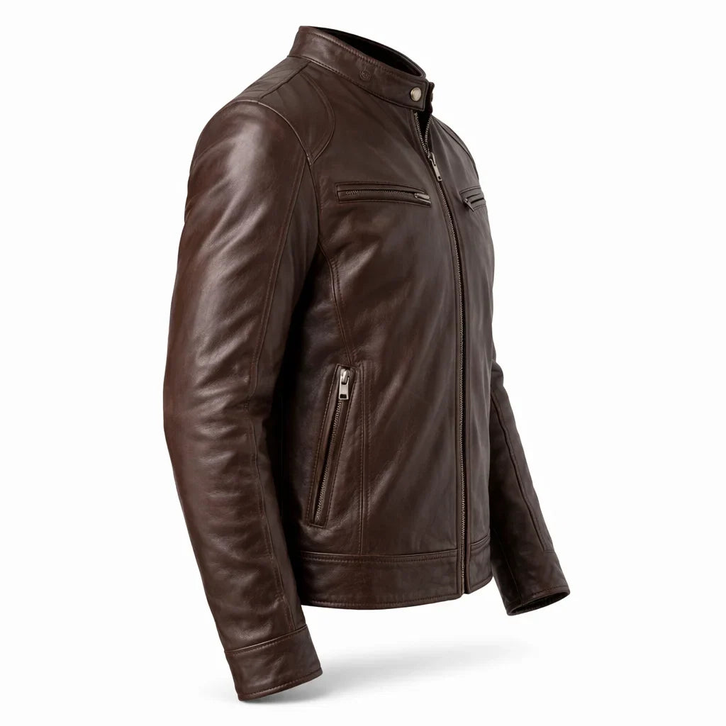 Men's Genuine Leather Motorcycle Jacket with Stand-Up Collar, Zip Chest Pockets, and Snap Closure for Casual Rides and Urban Wear | Lonoma