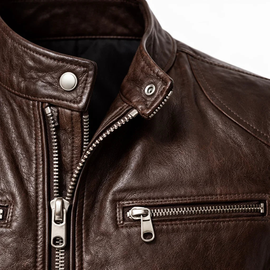 Men's Genuine Leather Motorcycle Jacket with Stand-Up Collar, Zip Chest Pockets, and Snap Closure for Casual Rides and Urban Wear | Lonoma