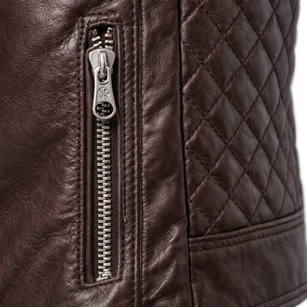Men's Genuine Leather Motorcycle Jacket with Stand-Up Collar, Zip Chest Pockets, and Snap Closure for Casual Rides and Urban Wear | Lonoma