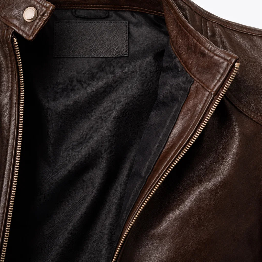 Men's Genuine Leather Motorcycle Jacket with Stand-Up Collar, Zip Chest Pockets, and Snap Closure for Casual Rides and Urban Wear | Lonoma