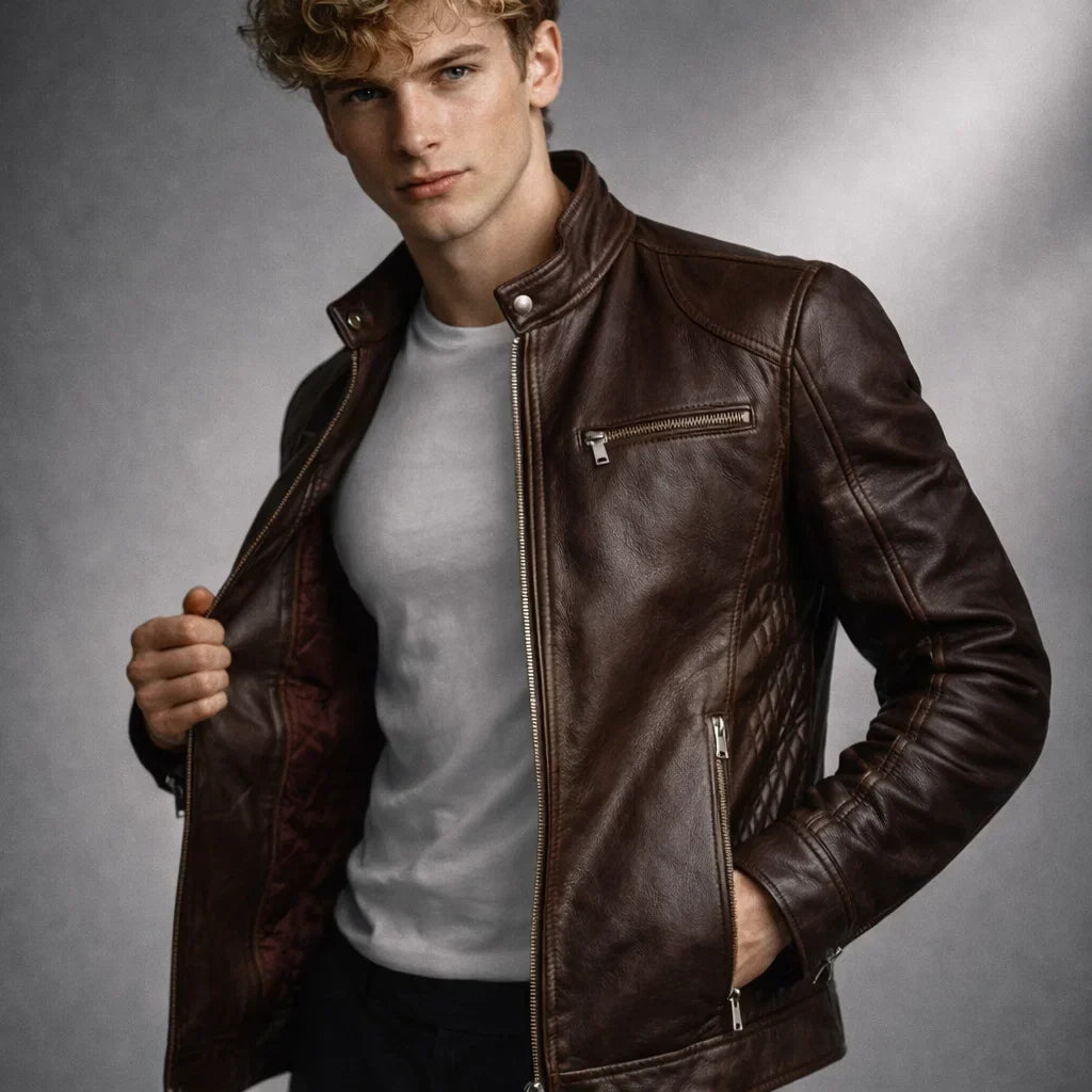 Men's Genuine Leather Motorcycle Jacket with Stand-Up Collar, Zip Chest Pockets, and Snap Closure for Casual Rides and Urban Wear | Lonoma