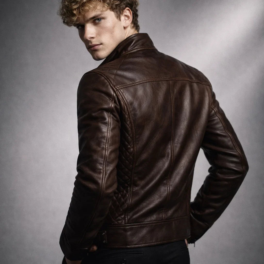 Men's Genuine Leather Motorcycle Jacket with Stand-Up Collar, Zip Chest Pockets, and Snap Closure for Casual Rides and Urban Wear | Lonoma