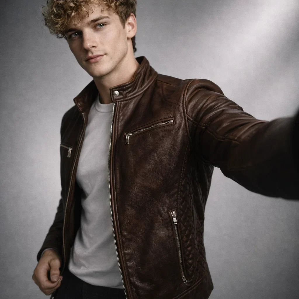 Men's Genuine Leather Motorcycle Jacket with Stand-Up Collar, Zip Chest Pockets, and Snap Closure for Casual Rides and Urban Wear | Lonoma