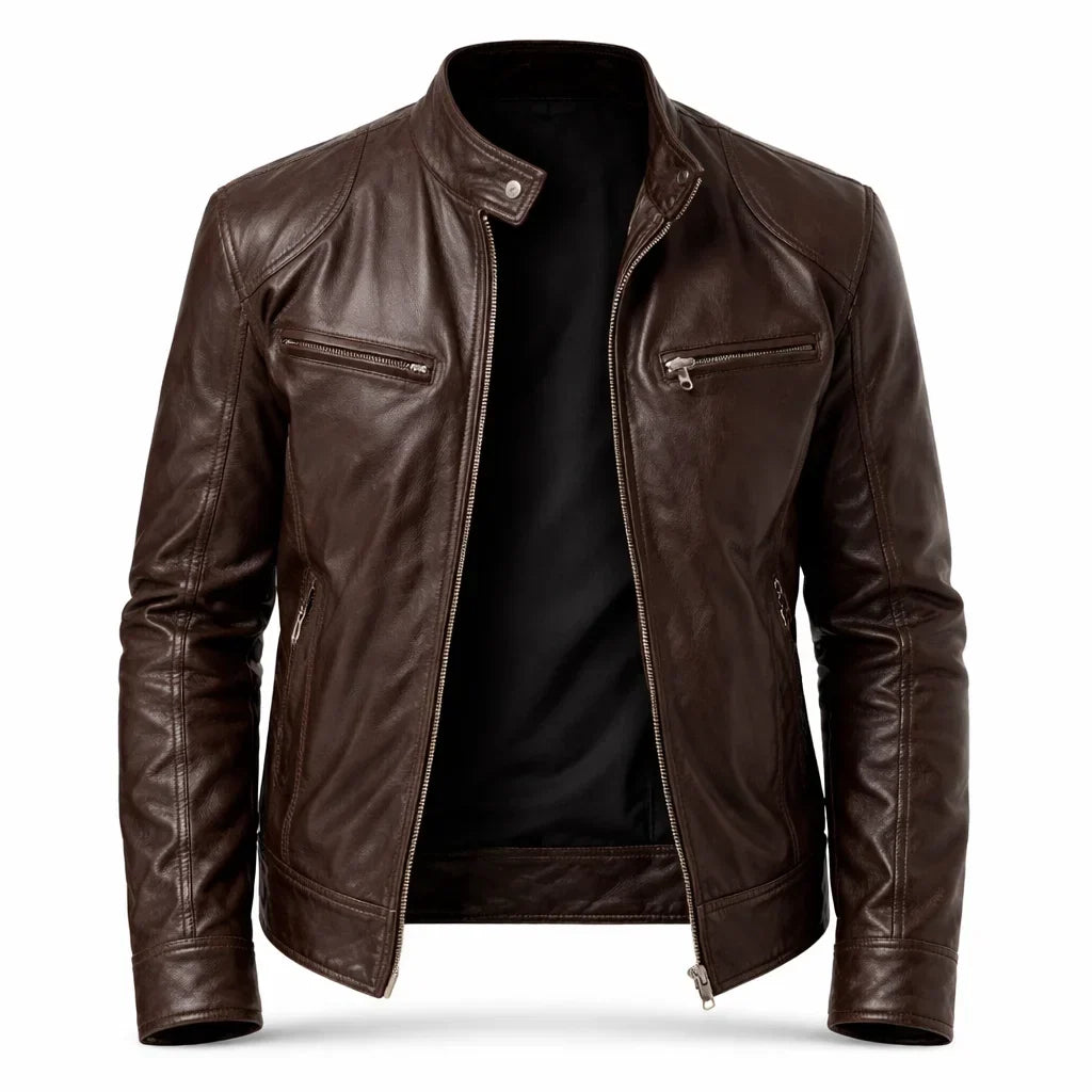 Men's Genuine Leather Motorcycle Jacket with Stand-Up Collar, Zip Chest Pockets, and Snap Closure for Casual Rides and Urban Wear | Lonoma