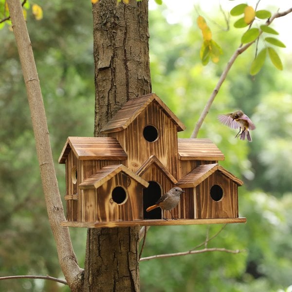 Multi-Cavity Wooden Bird House Hanging Outdoor Nesting Box for Garden Backyard Patio with 6 Entry Holes Rustic Natural Birdhouse | Lonoma