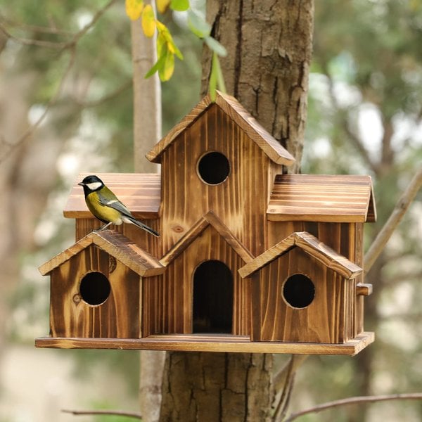 Multi-Cavity Wooden Bird House Hanging Outdoor Nesting Box for Garden Backyard Patio with 6 Entry Holes Rustic Natural Birdhouse | Lonoma