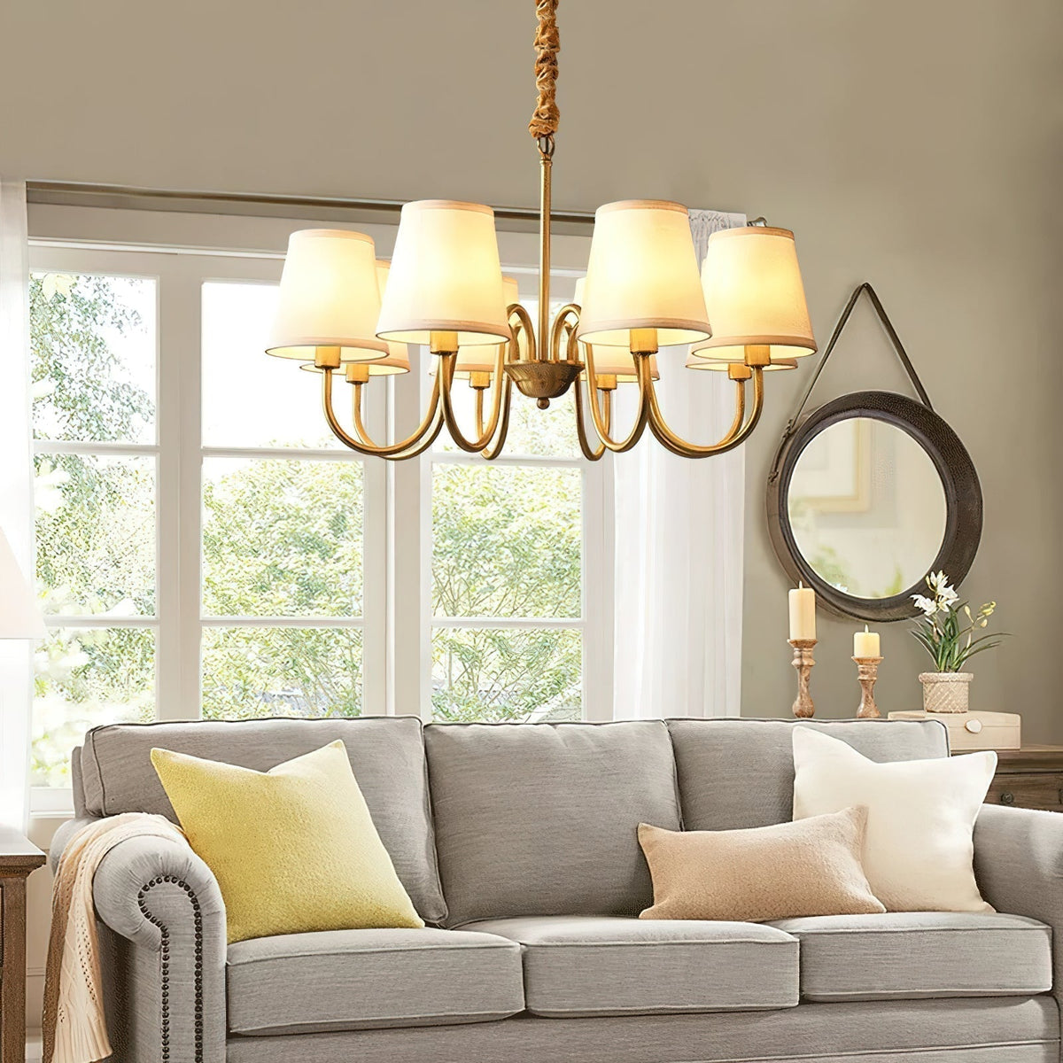 Classic Fabric Shade Chandelier with Brass Finish – Elegant Multi-Light Fixture for Dining Room, Living Room & Foyer | Lonoma