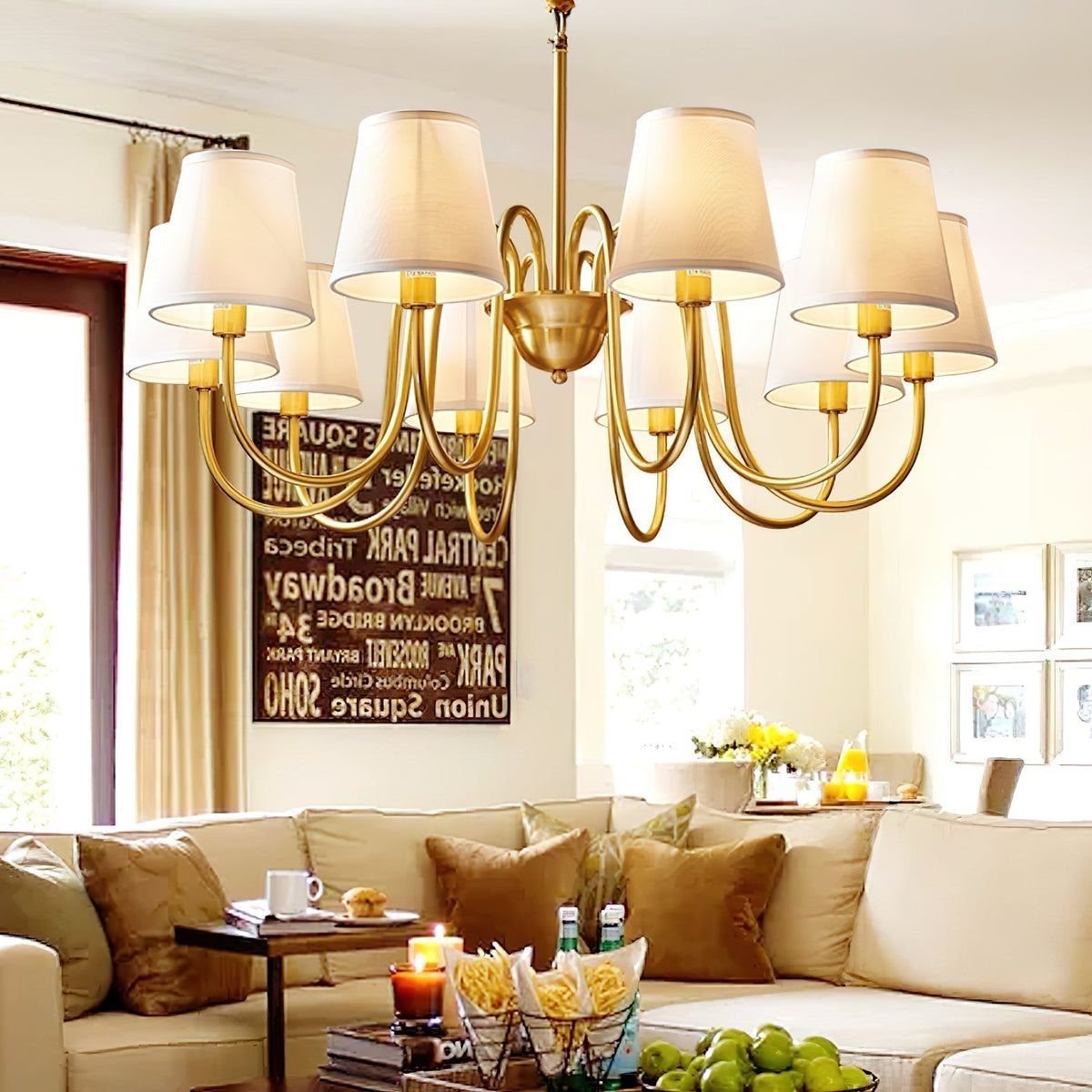 Classic Fabric Shade Chandelier with Brass Finish – Elegant Multi-Light Fixture for Dining Room, Living Room & Foyer | Lonoma