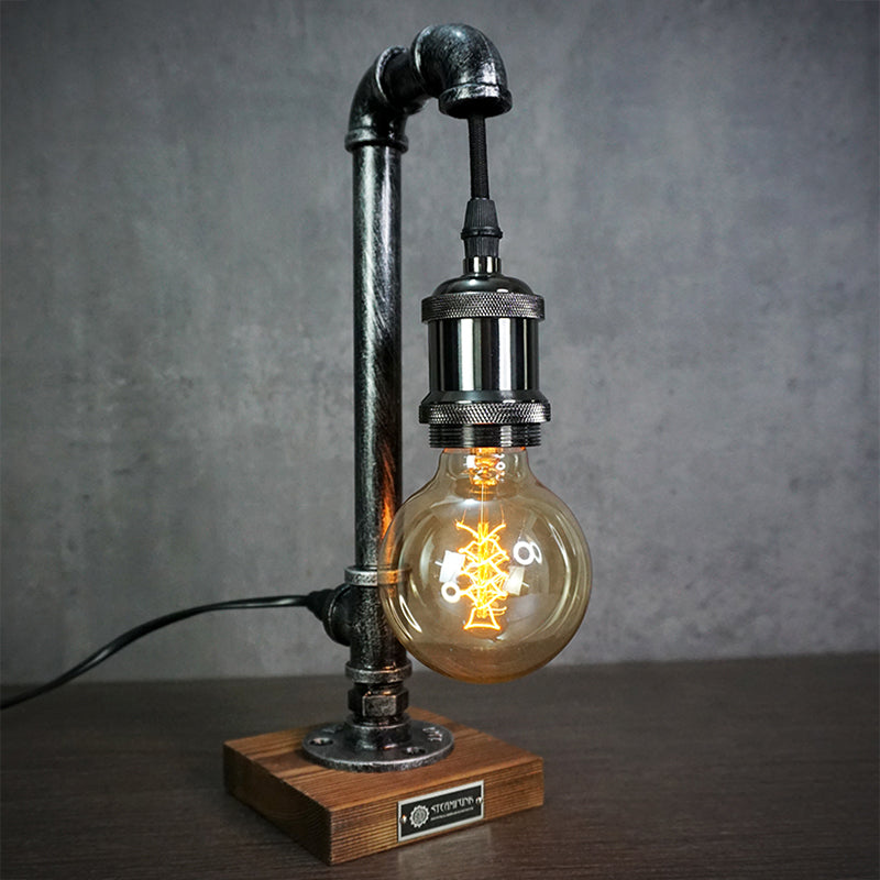 Industrial Pipe Table Lamp with Wood Base – Metal Desk Lighting for Home Office, Bedroom, Nightstand – Vintage Steampunk Design | Lonoma
