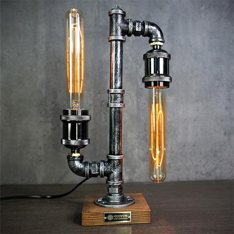 Industrial Pipe Table Lamp with Wood Base – Metal Desk Lighting for Home Office, Bedroom, Nightstand – Vintage Steampunk Design | Lonoma