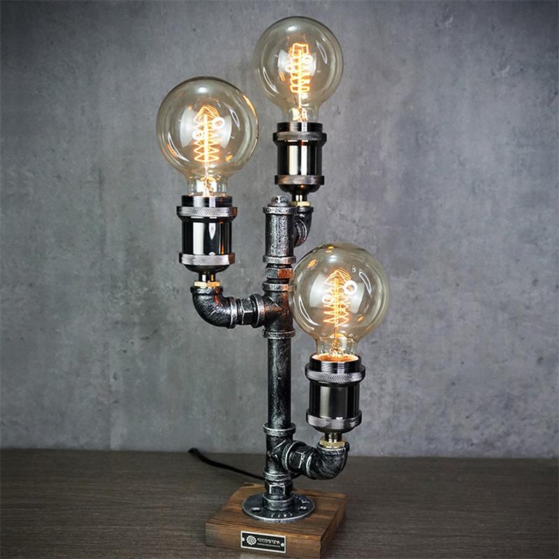 Industrial Pipe Table Lamp with Wood Base – Metal Desk Lighting for Home Office, Bedroom, Nightstand – Vintage Steampunk Design | Lonoma