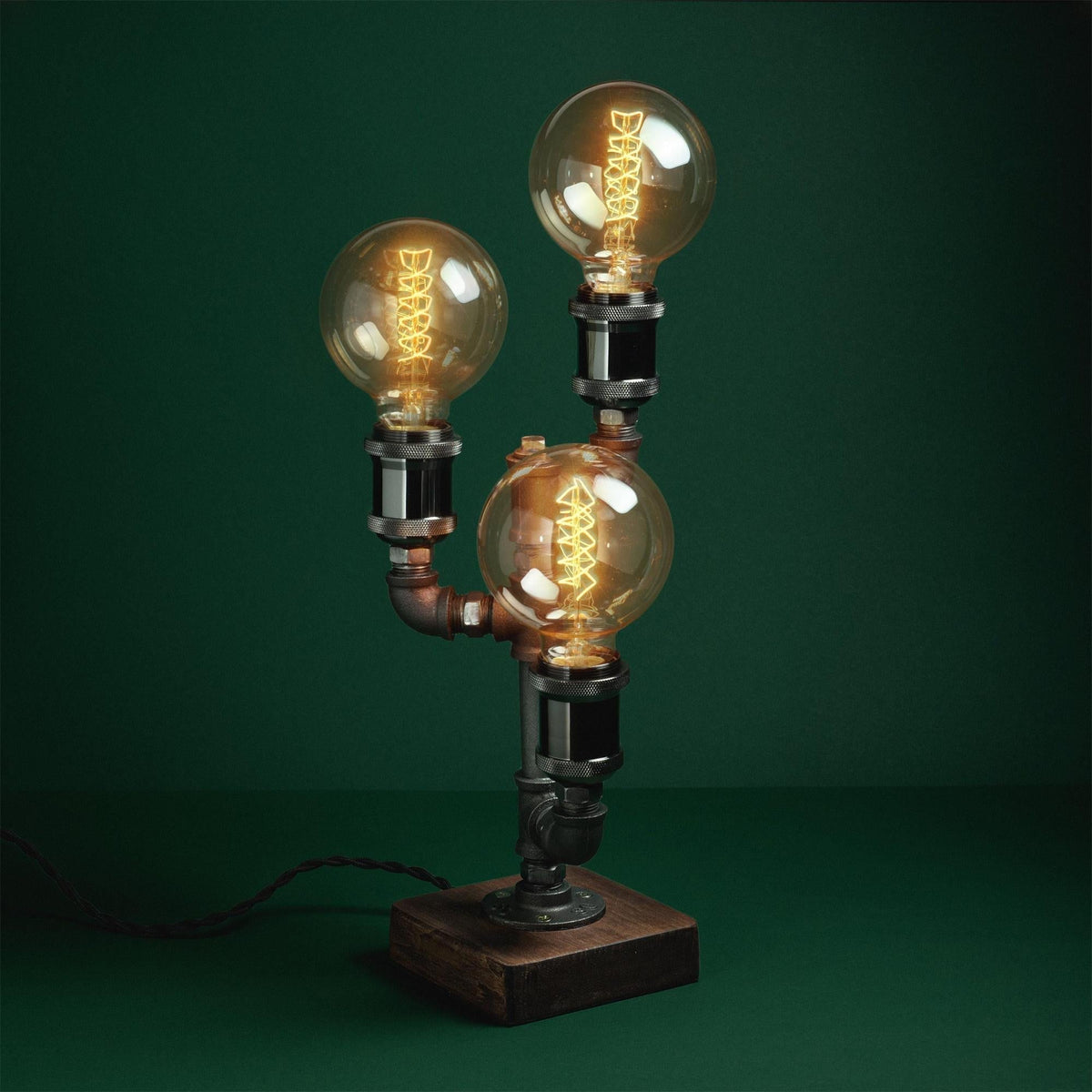 Industrial Pipe Table Lamp with Wood Base – Metal Desk Lighting for Home Office, Bedroom, Nightstand – Vintage Steampunk Design | Lonoma