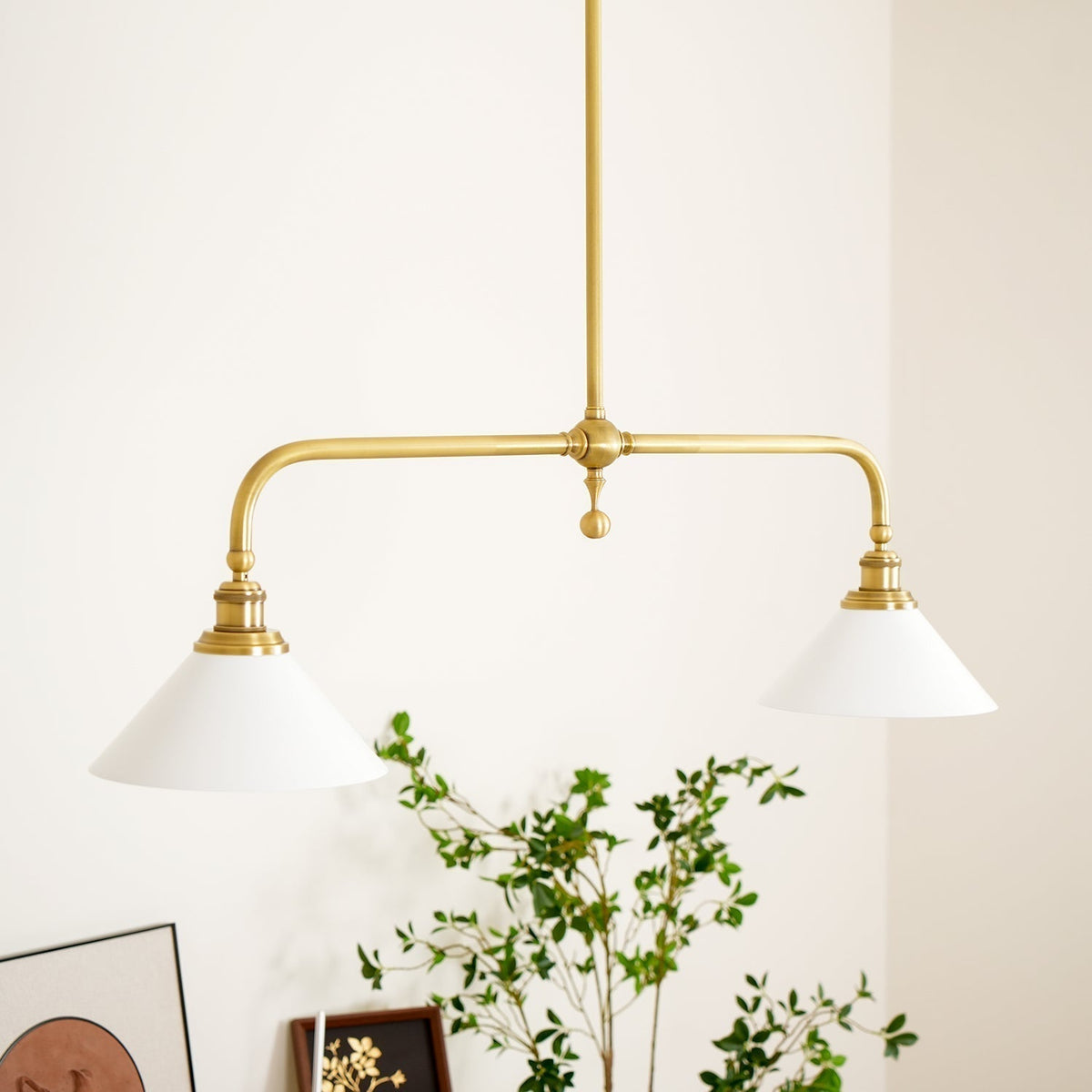 Brushed Brass Pendant Light with Flared Cone Shades for Dining Room & Kitchen Island | Dual Head Suspension Fixture | Lonoma