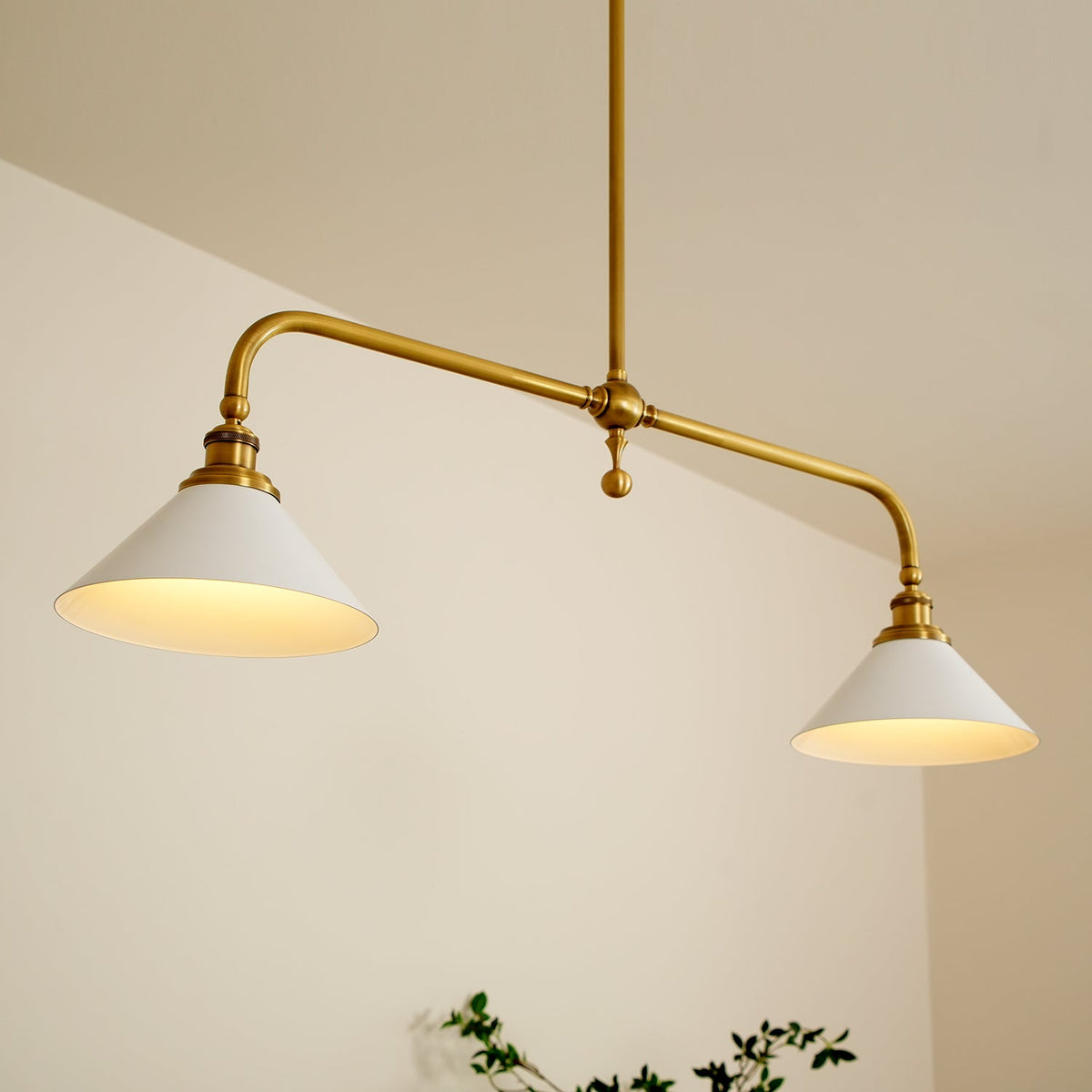 Brushed Brass Pendant Light with Flared Cone Shades for Dining Room & Kitchen Island | Dual Head Suspension Fixture | Lonoma