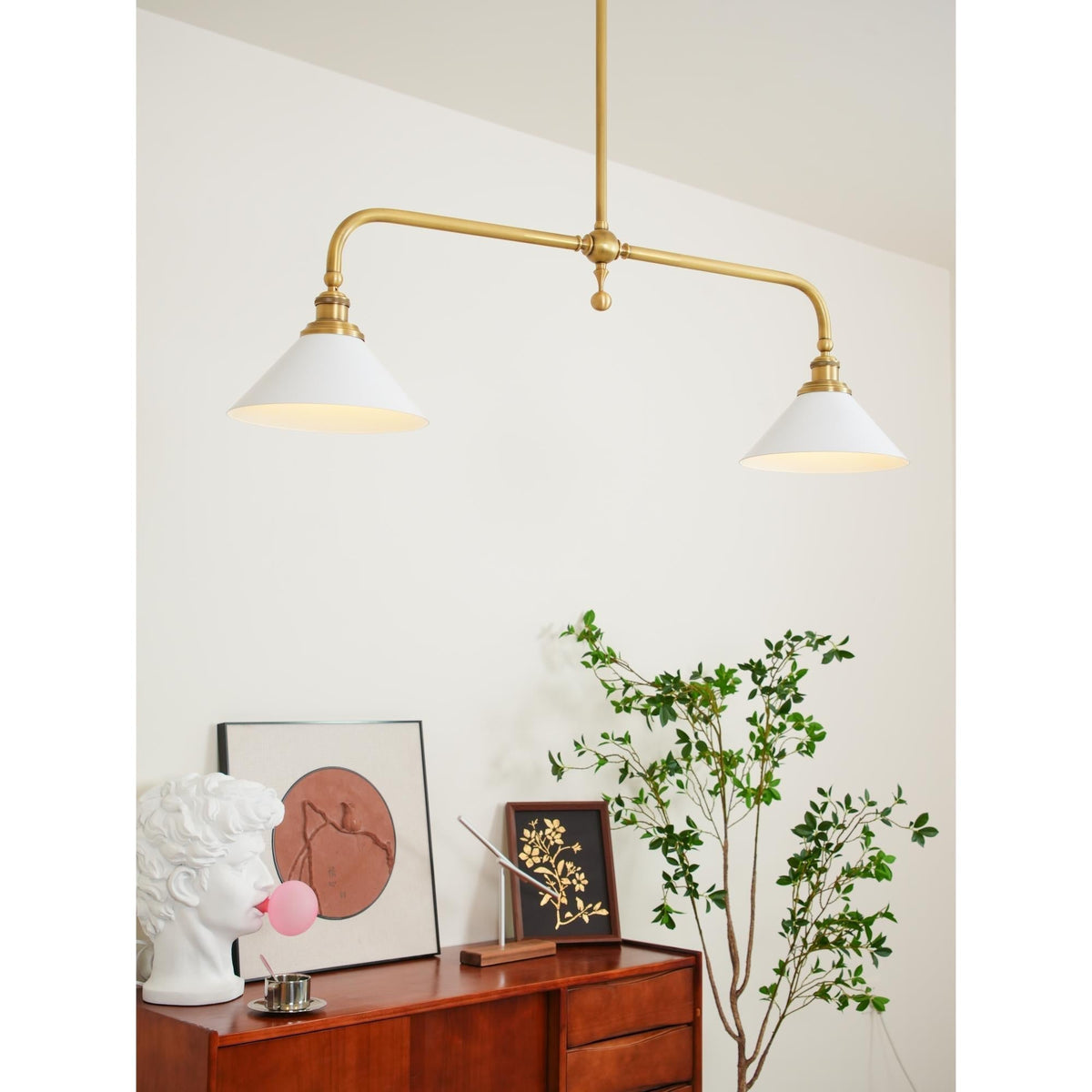 Brushed Brass Pendant Light with Flared Cone Shades for Dining Room & Kitchen Island | Dual Head Suspension Fixture | Lonoma