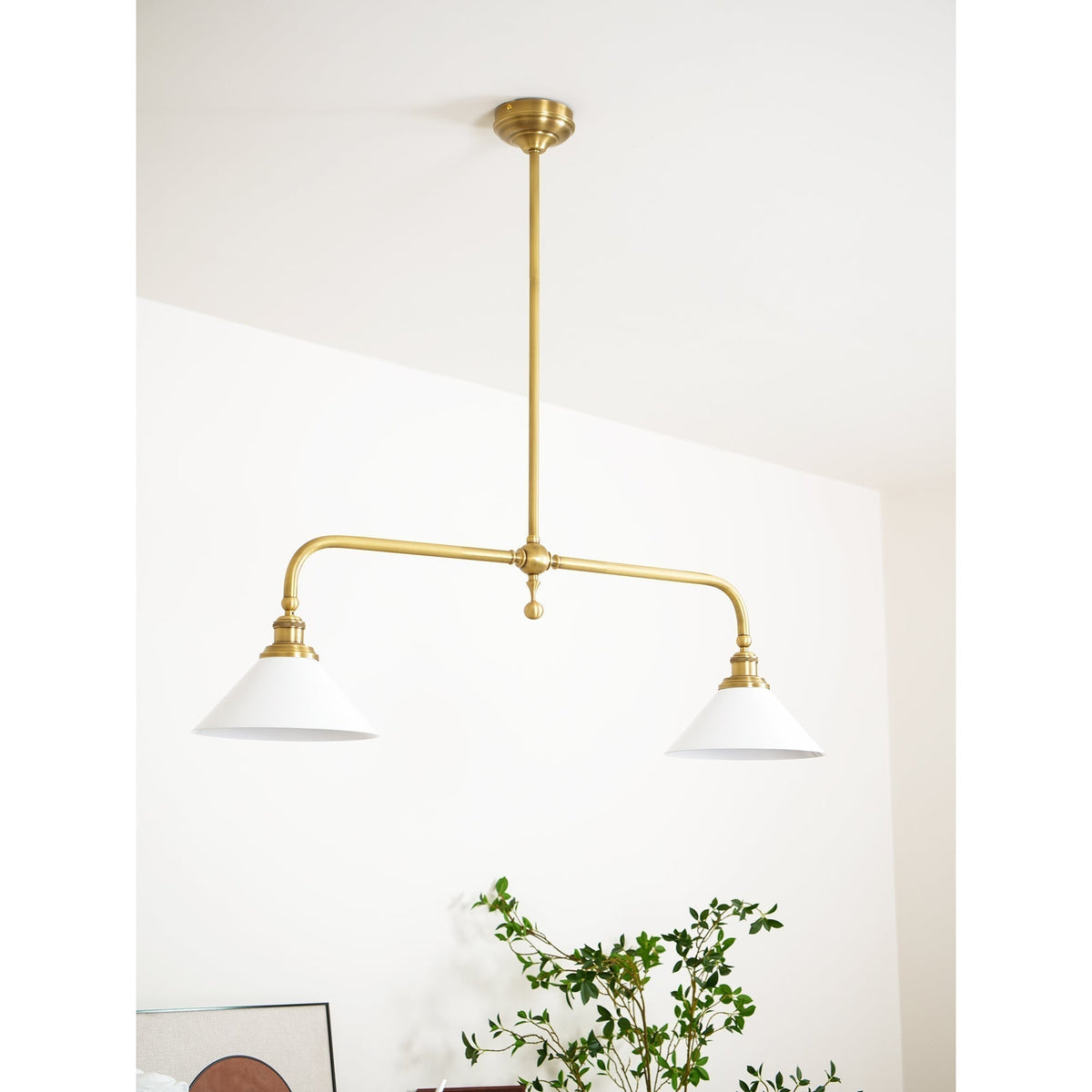 Brushed Brass Pendant Light with Flared Cone Shades for Dining Room & Kitchen Island | Dual Head Suspension Fixture | Lonoma