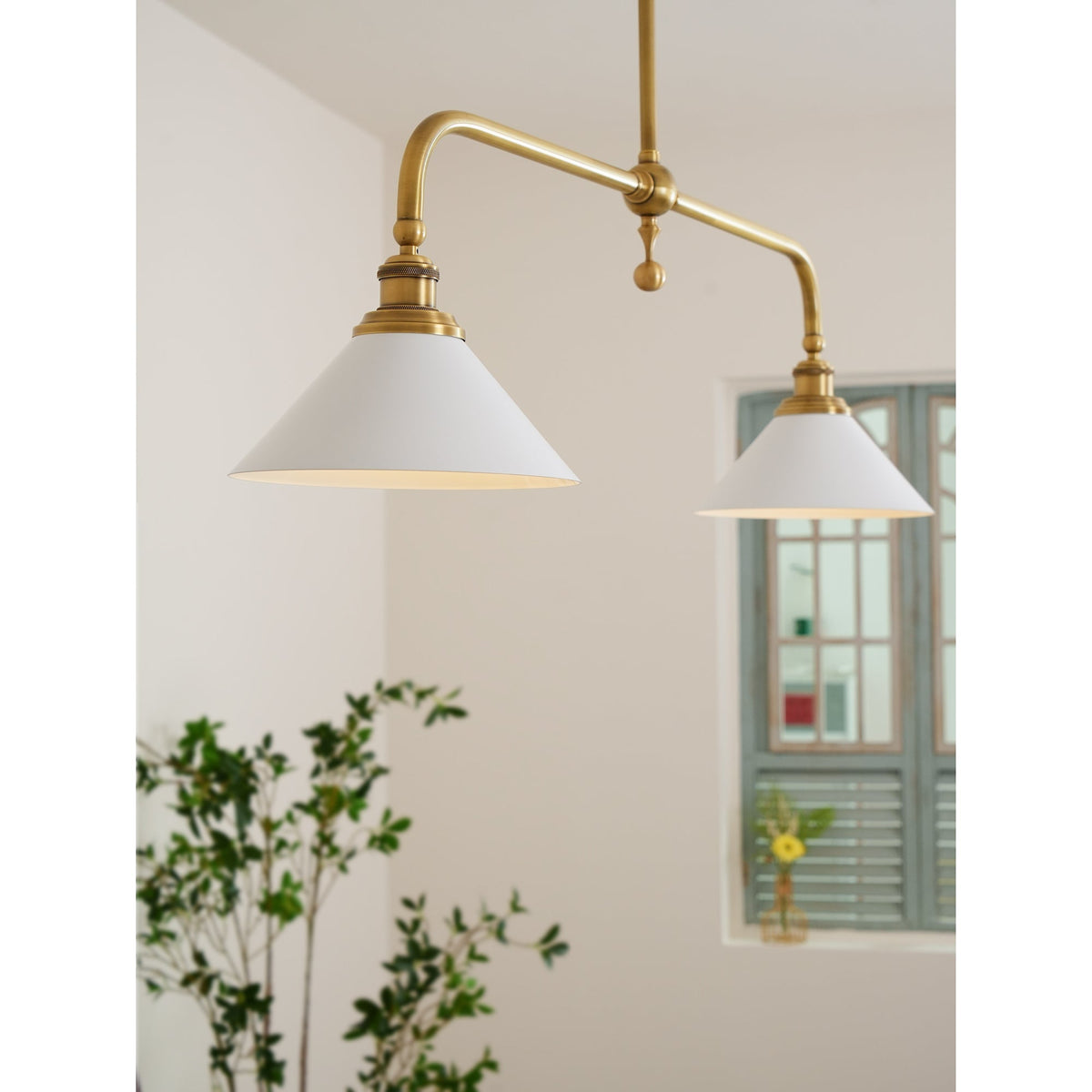 Brushed Brass Pendant Light with Flared Cone Shades for Dining Room & Kitchen Island | Dual Head Suspension Fixture | Lonoma
