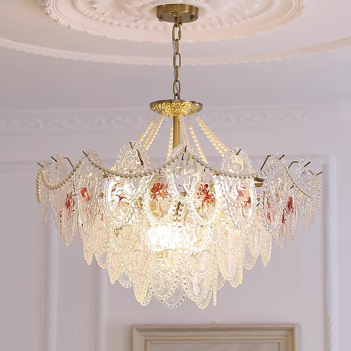 Pearl Glass Tiered Chandelier Gold Metal Frame Multi-Layer Pendant Light for Dining Room Bedroom Living Room Modern Luxe Ceiling Fixture | Lonoma