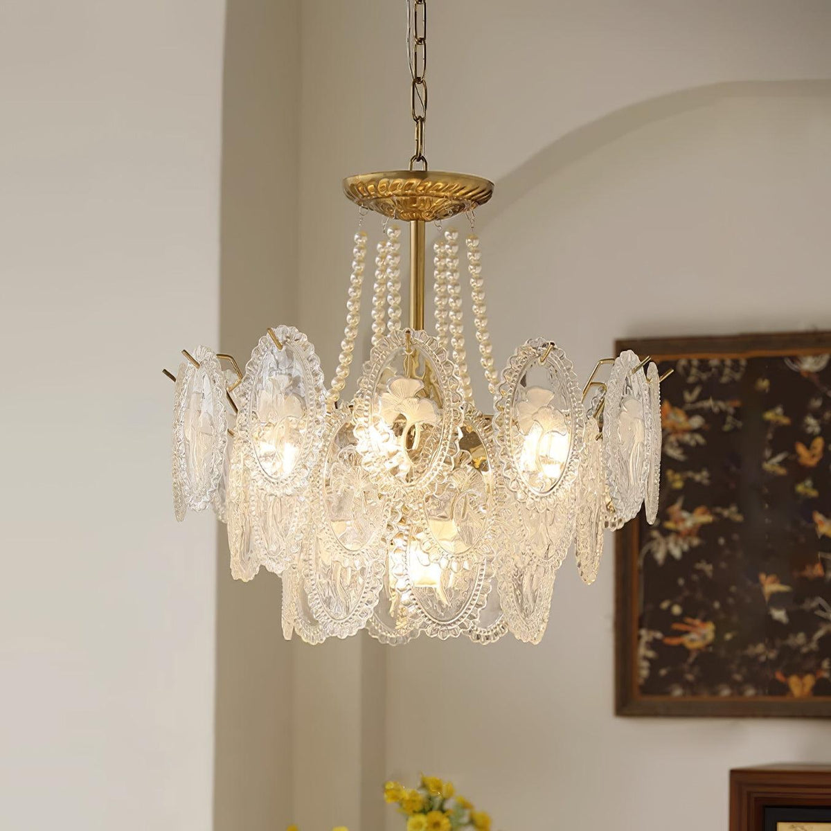 Pearl Glass Tiered Chandelier Gold Metal Frame Multi-Layer Pendant Light for Dining Room Bedroom Living Room Modern Luxe Ceiling Fixture | Lonoma