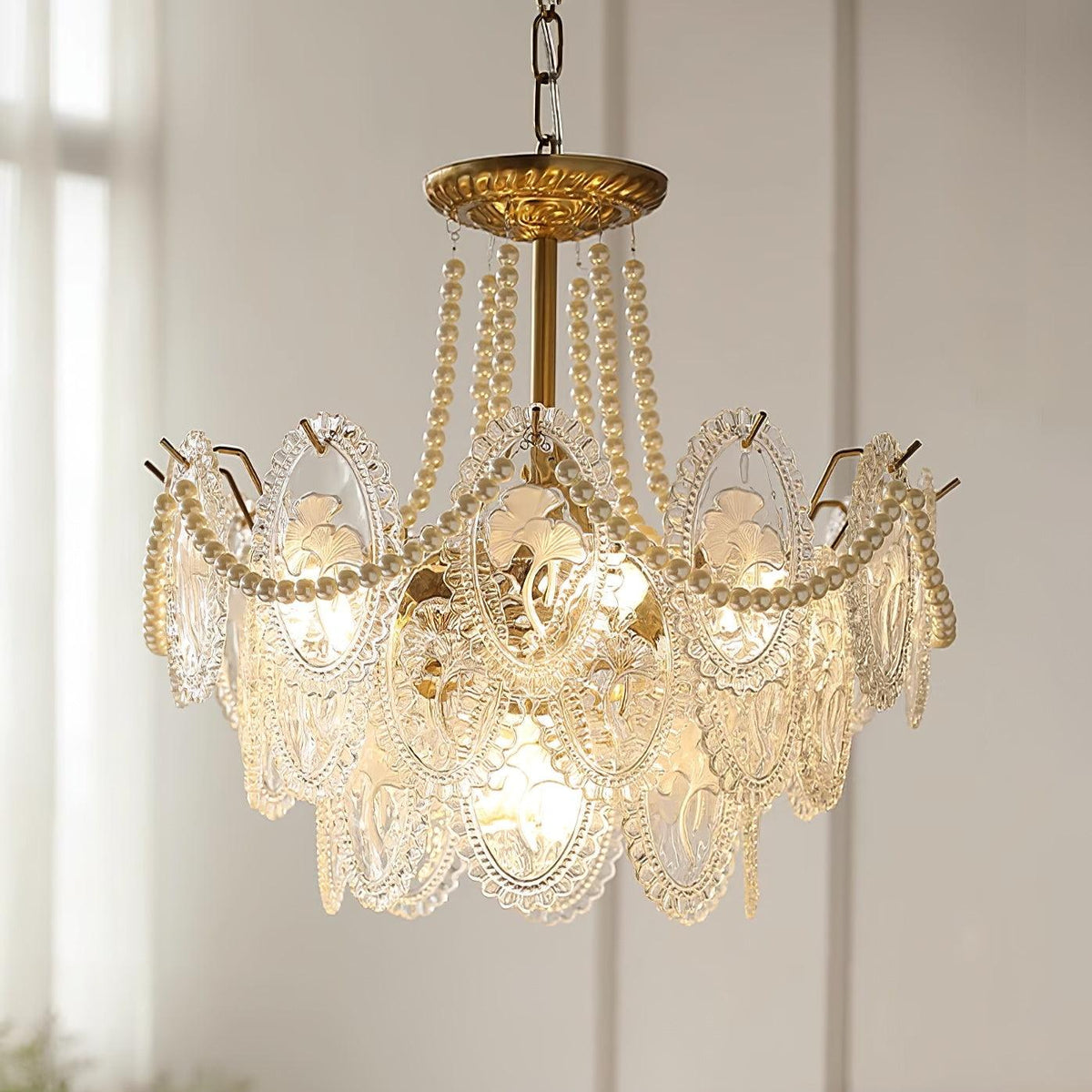 Pearl Glass Tiered Chandelier Gold Metal Frame Multi-Layer Pendant Light for Dining Room Bedroom Living Room Modern Luxe Ceiling Fixture | Lonoma