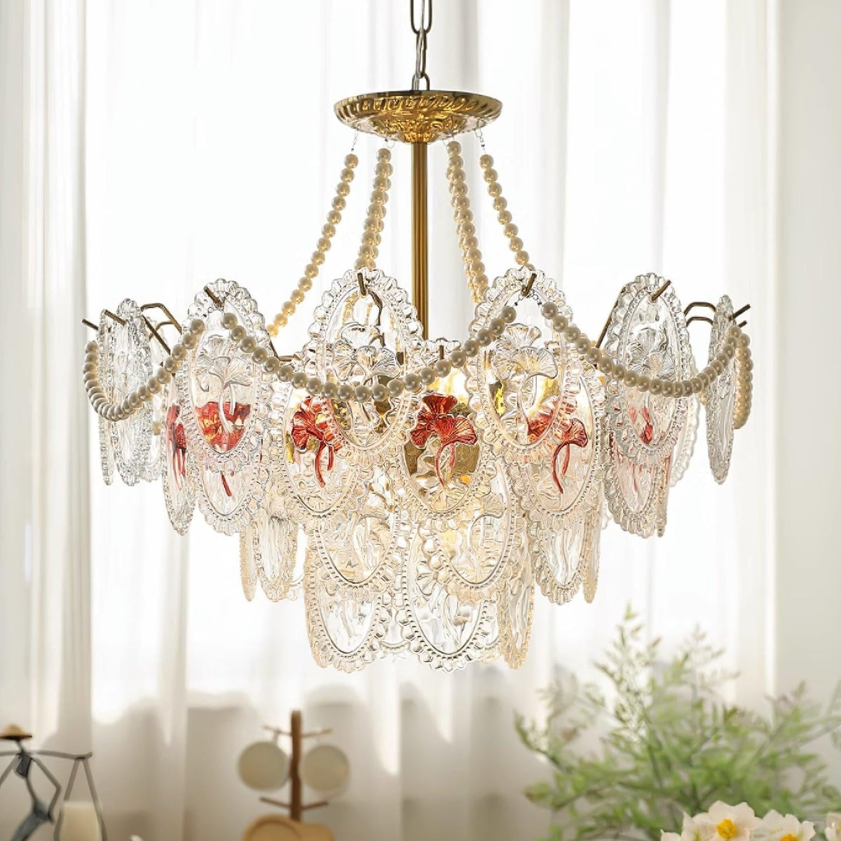 Pearl Glass Tiered Chandelier Gold Metal Frame Multi-Layer Pendant Light for Dining Room Bedroom Living Room Modern Luxe Ceiling Fixture | Lonoma