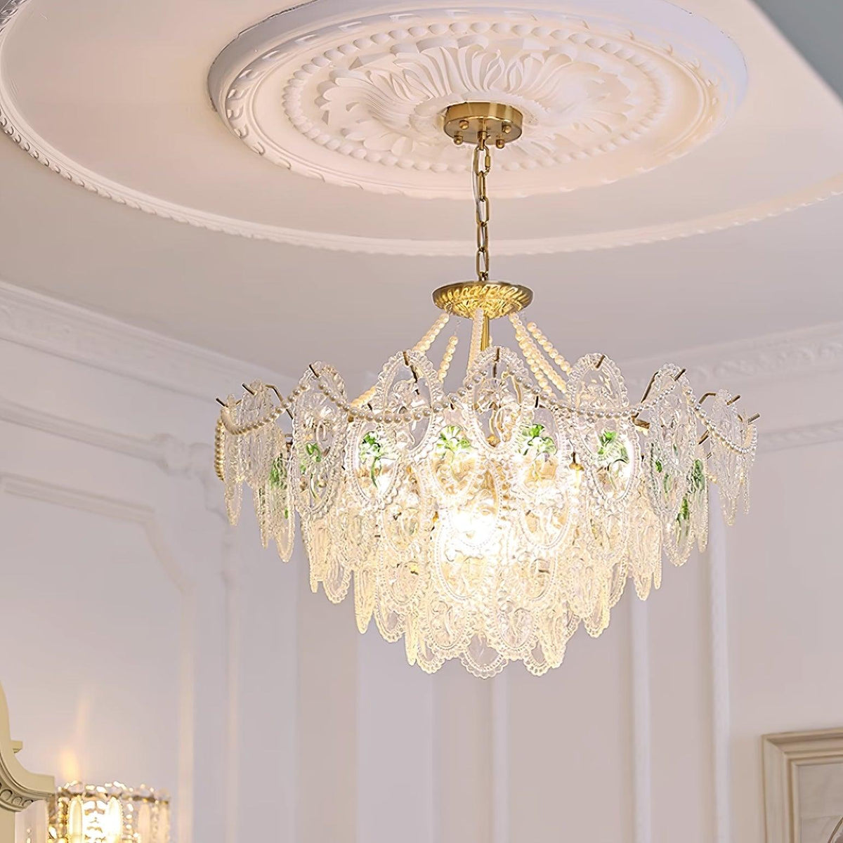 Pearl Glass Tiered Chandelier Gold Metal Frame Multi-Layer Pendant Light for Dining Room Bedroom Living Room Modern Luxe Ceiling Fixture | Lonoma