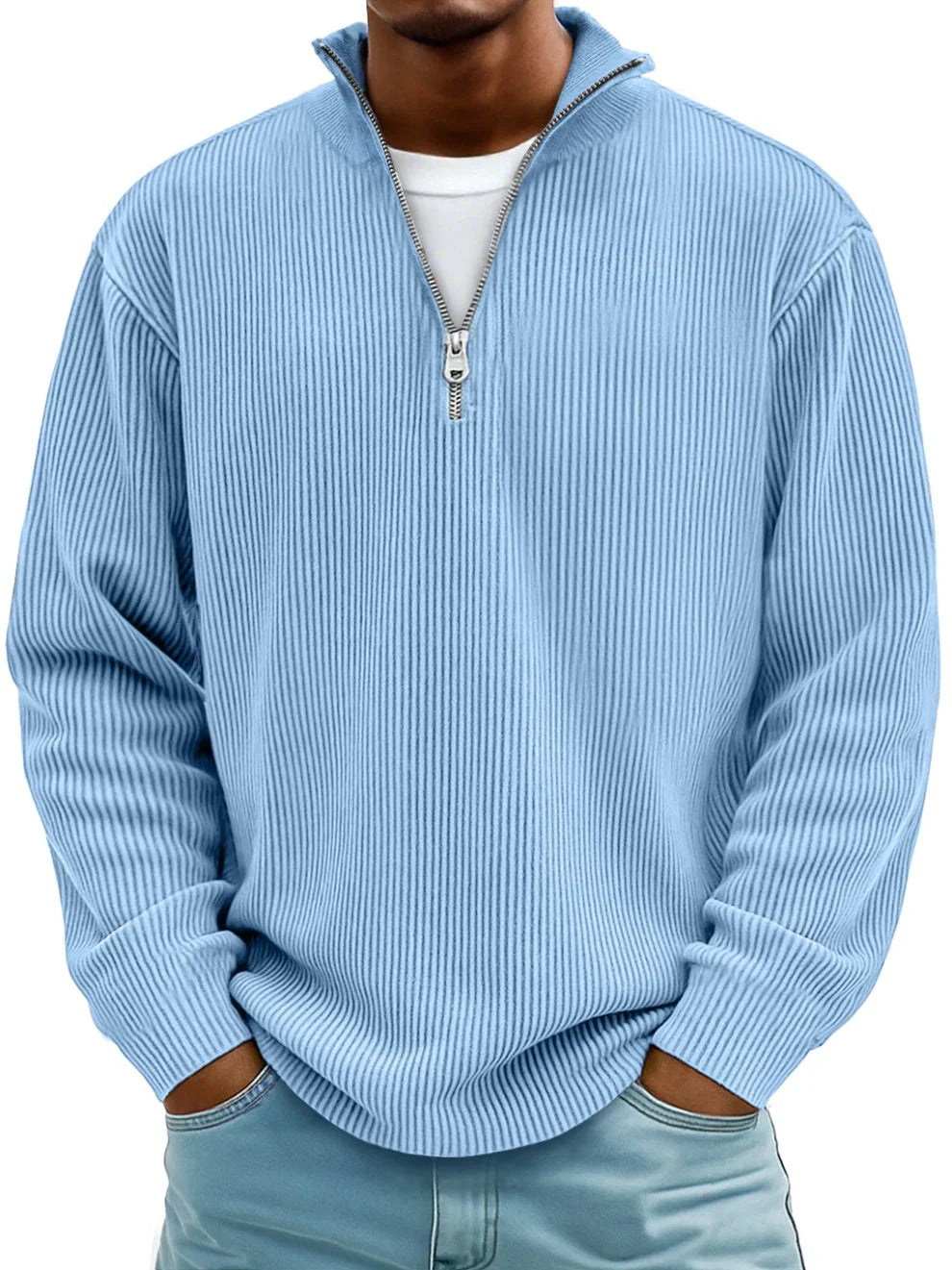 Men's Quarter-Zip Pullover Sweater with Ribbed Knit and Stand Collar for Casual and Office Wear | Lonoma
