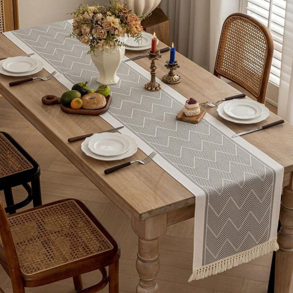 Woven Table Runner 14 × 47 inch with Zigzag Pattern and Fringed Ends for Dining Room, Coffee Table, Dresser | Lonoma